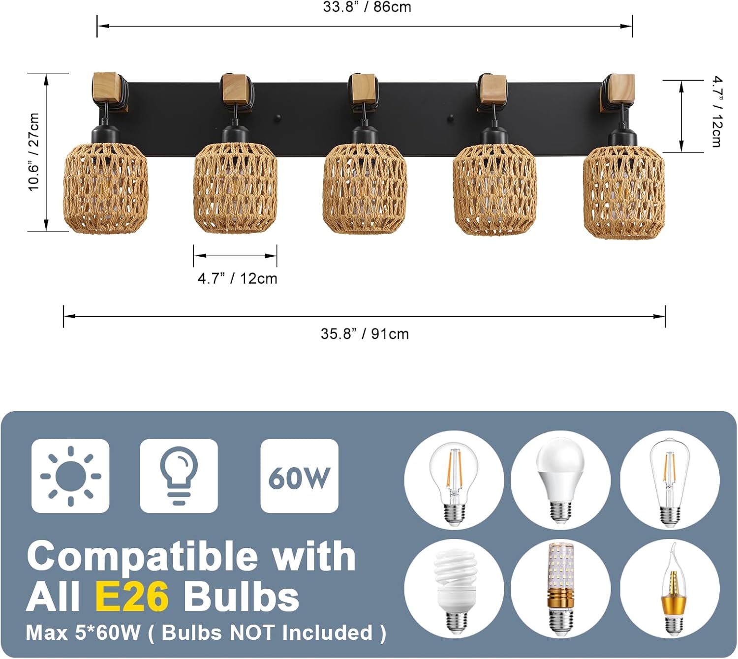 5 Light Bathroom Vanity Light Fixtures, Rustic Style Wood Bathroom Wall Sconce, with Boho Wicker Lampshade, Rattan Black Farmhouse Wall Sconce for Bedroom, Hallway, and Living Room